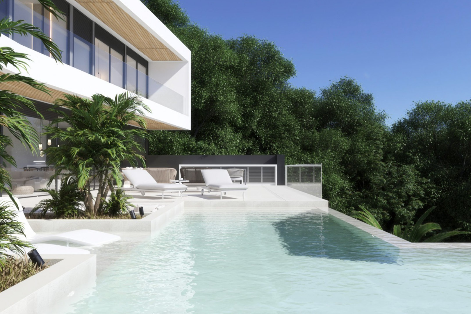 Piscina infinita con solárium de gres blanco, rodeada de vegetación mediterránea y arquitectura moderna con techos exteriores revestidos en madera.