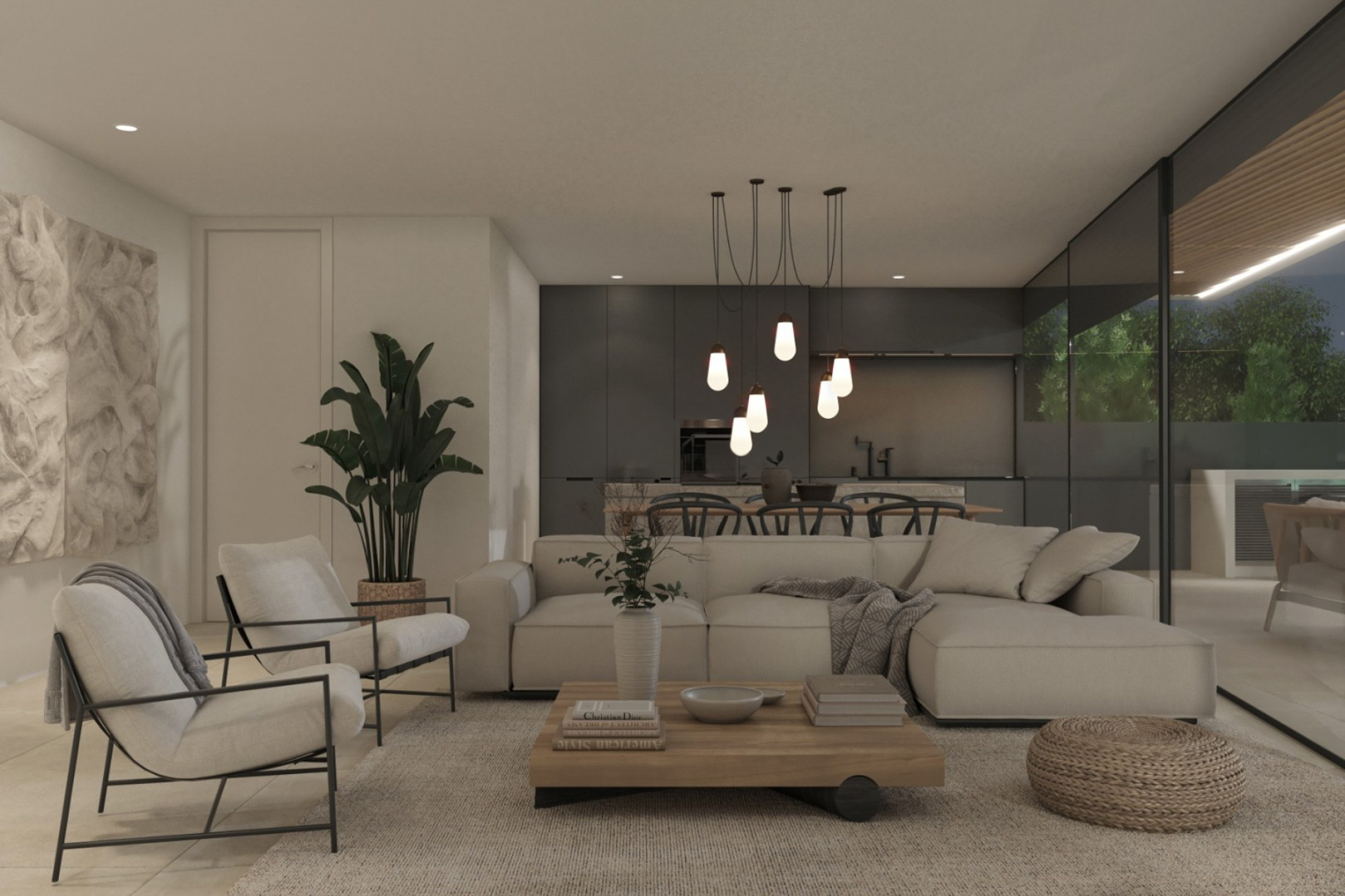 Salón de concepto abierto con mobiliario en tonos neutros, iluminación de diseño y cocina integrada con armarios oscuros. Grandes ventanales conectan el interior con la terraza.