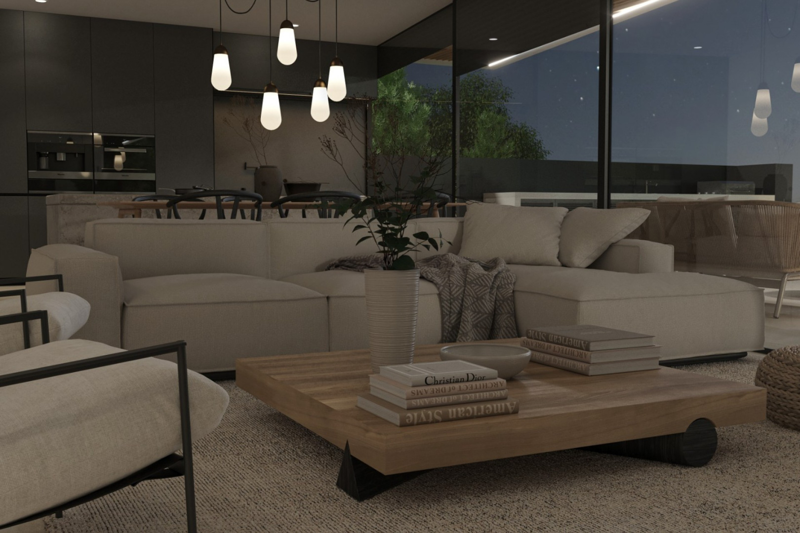 Salón de concepto abierto con sofá modular en tonos neutros, mesa de centro de madera maciza y vistas nocturnas a través de grandes ventanales.