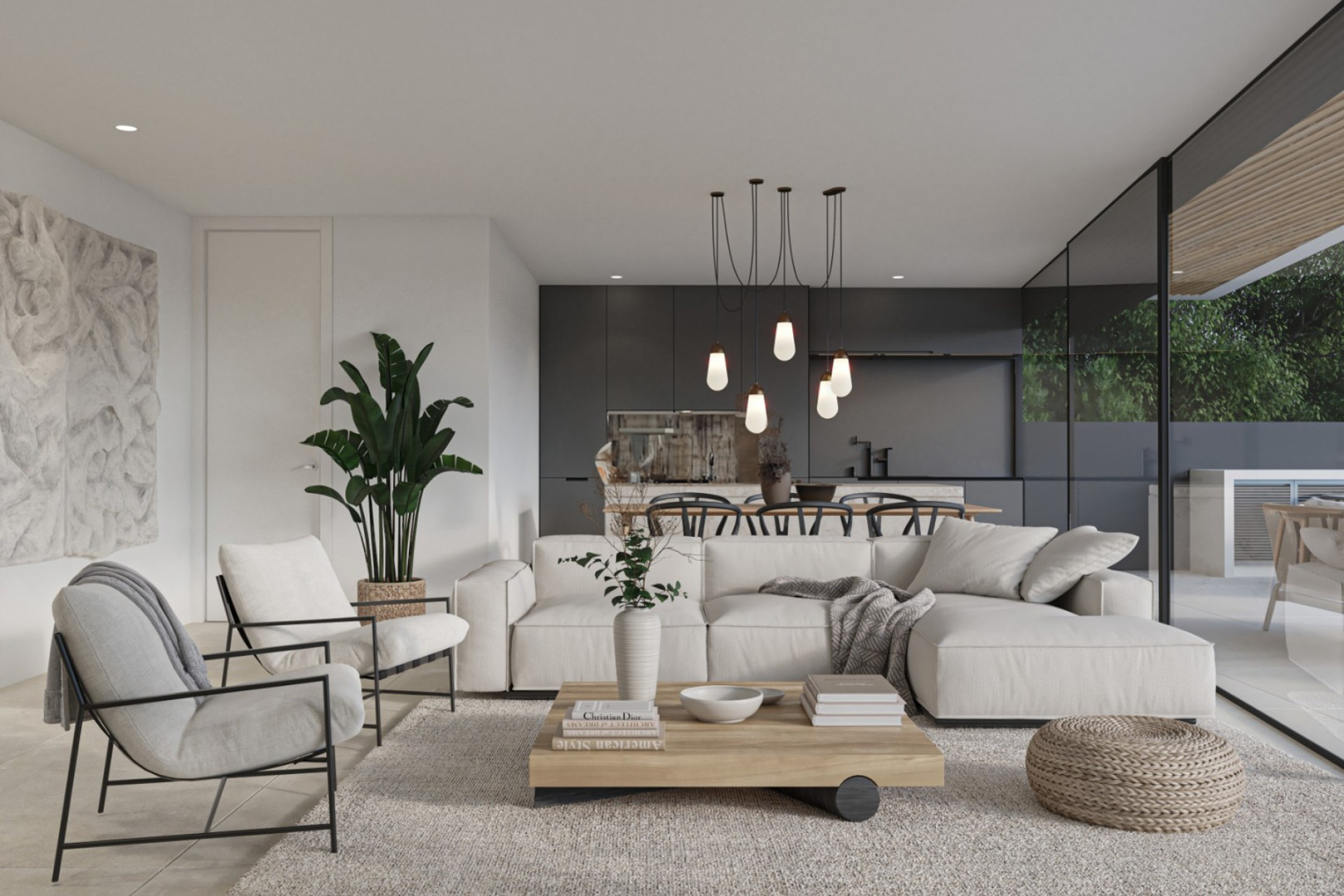 Salón de planta abierta con mobiliario en tonos neutros, cocina moderna de armarios oscuros al fondo y acceso directo a la terraza mediante grandes ventanales.