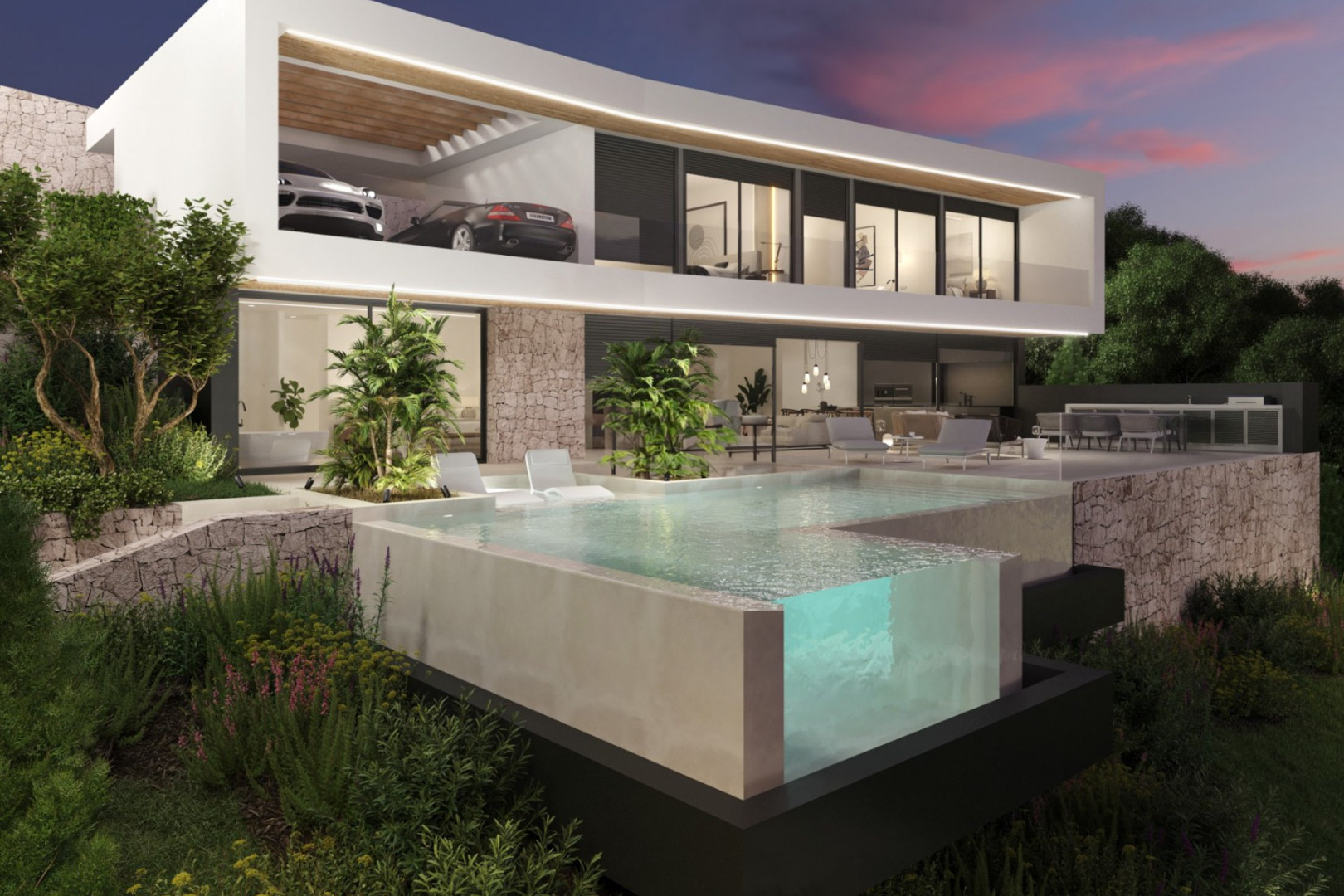 Villa moderna de dos niveles con piscina infinita de cristal, fachada de piedra natural e iluminación LED integrada. Incluye cochera elevada y amplias terrazas.