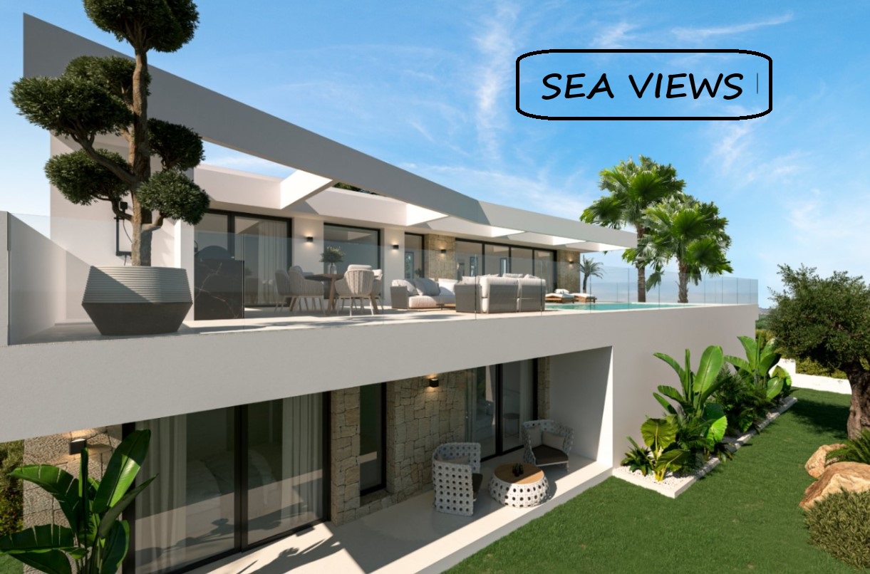 Fachada moderna de dos niveles con muros de piedra natural, amplias terrazas con barandillas de cristal, piscina infinita y jardín mediterráneo integrado.