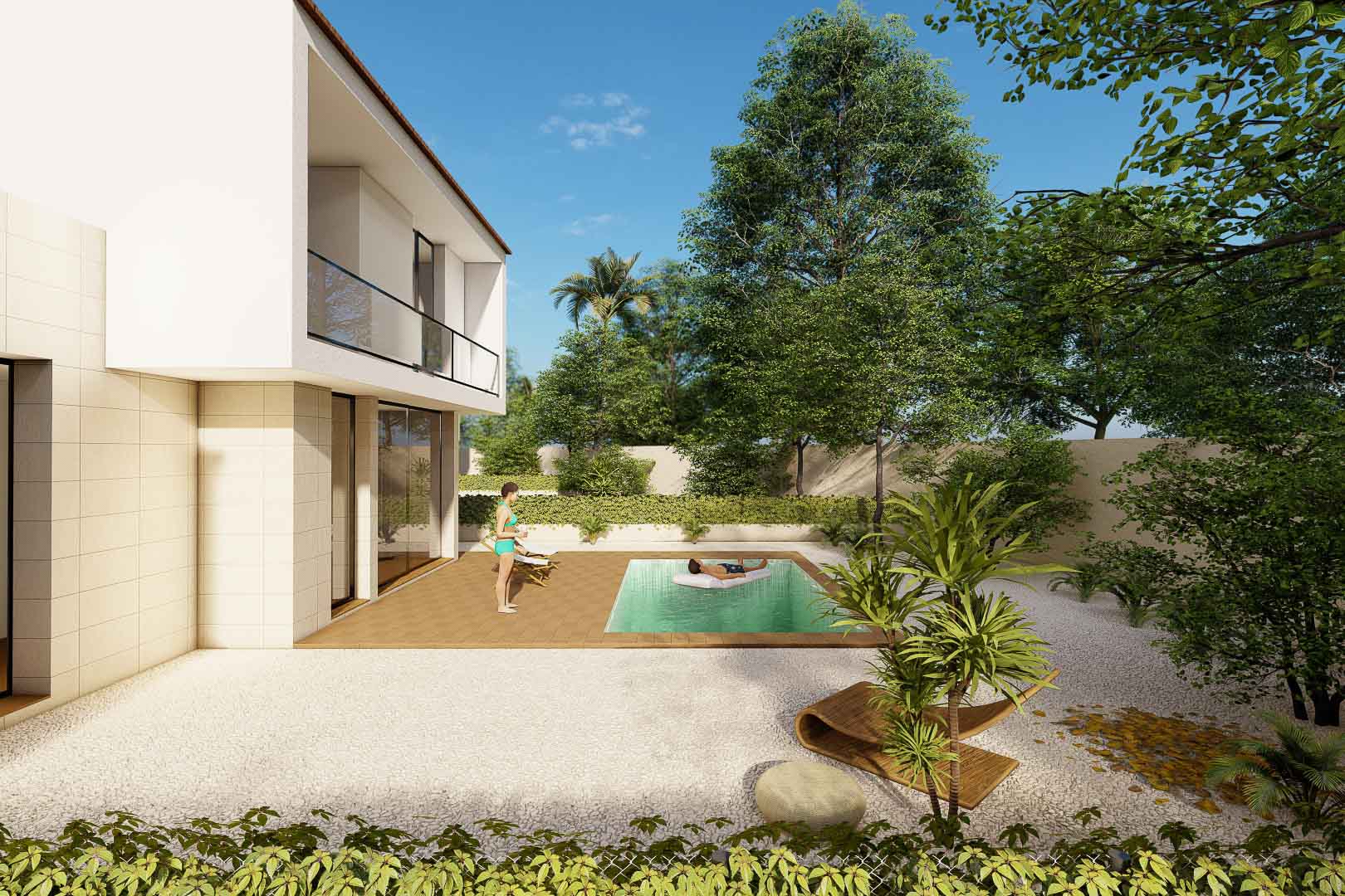 Exterior de la villa con piscina privada integrada en una terraza de madera, rodeada de un jardín de grava blanca y fachada moderna con acabados en piedra clara.