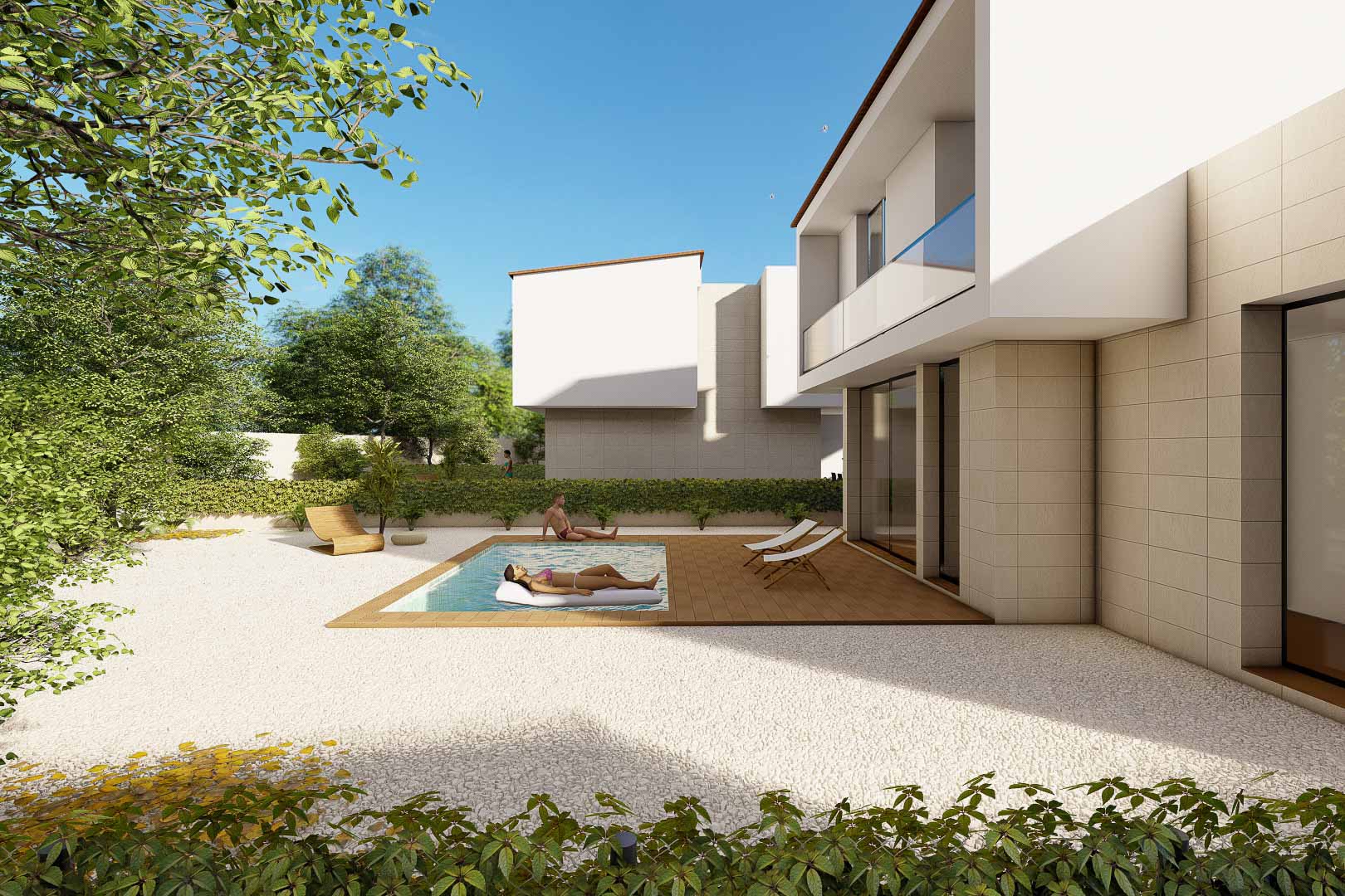 Exterior de villa moderna con piscina privada integrada en una terraza de madera, rodeada de jardín de grava blanca y arquitectura de líneas rectas.