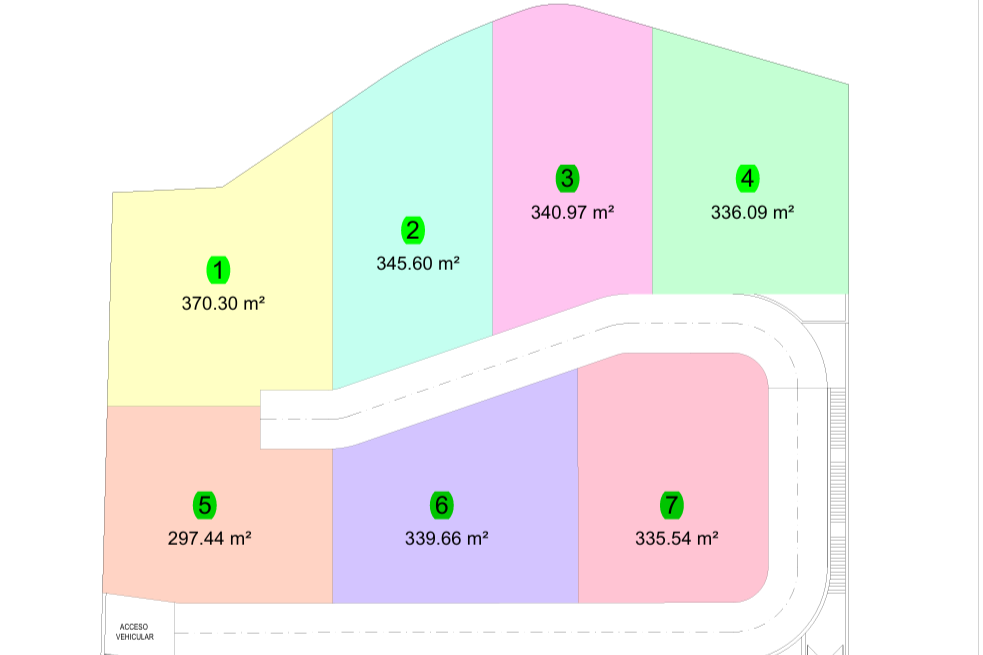 Plano técnico de Residencial Vila Natura que muestra la distribución de las 7 parcelas privadas y sus dimensiones exactas, desde 297 m² hasta 370 m².