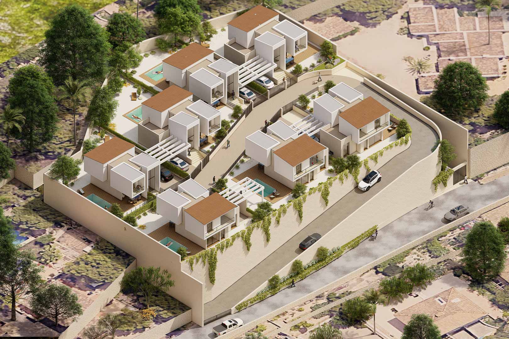 Vista aérea del complejo Residencial Vila Natura con siete villas independientes de diseño moderno, piscinas privadas y zonas ajardinadas en parcelas individuales.