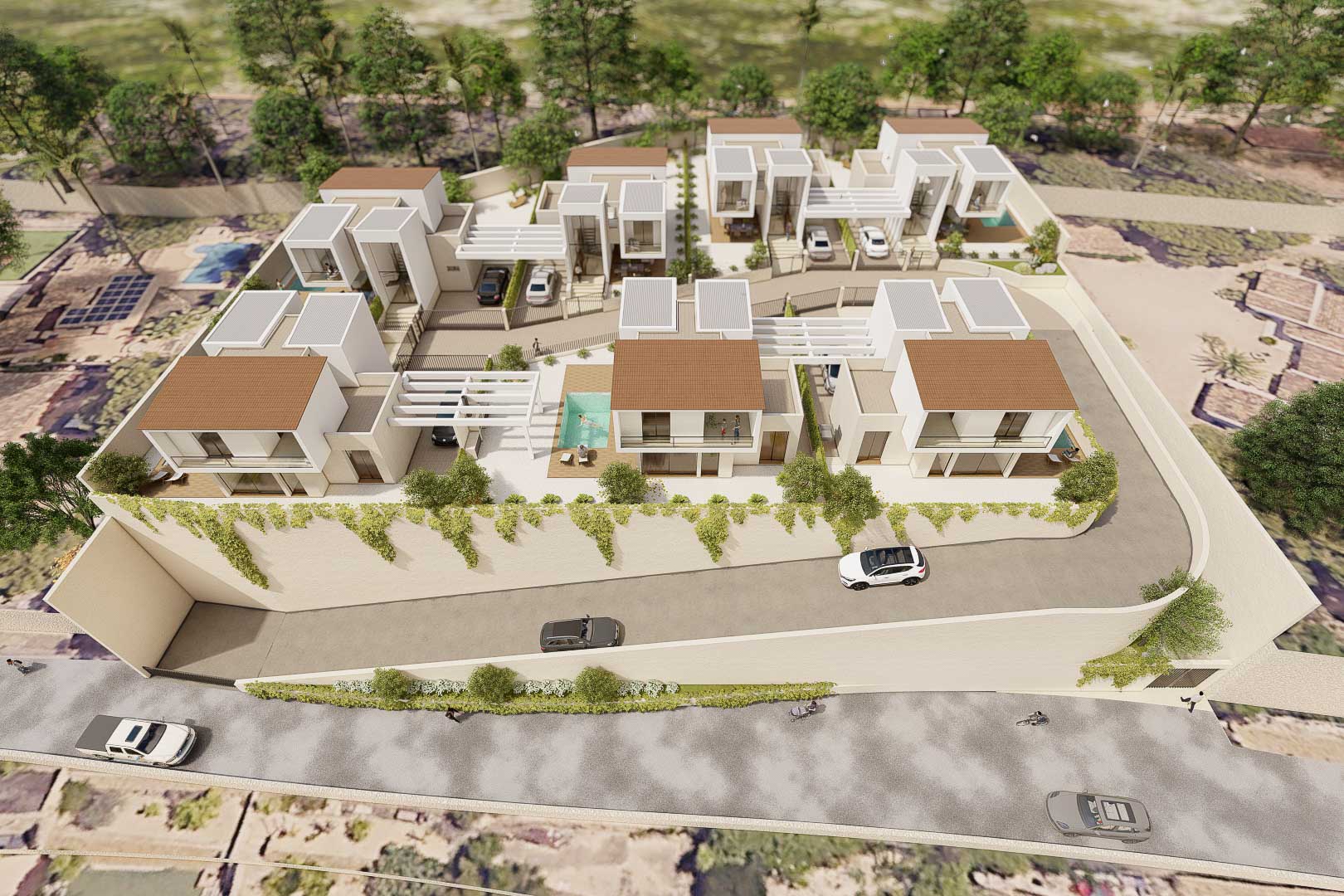 Vista aérea del complejo Residencial Vila Natura con siete villas independientes, piscinas privadas y aparcamientos integrados en una parcela elevada rodeada de vegetación.