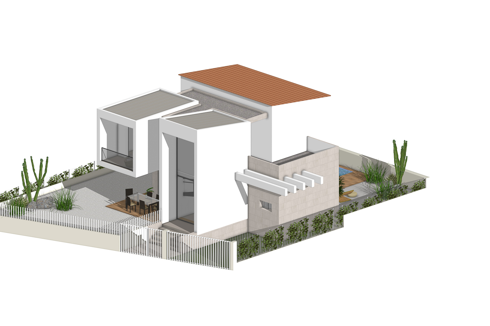 Vista isométrica de la villa moderna con fachada blanca, jardín mediterráneo perimetral, zona de comedor exterior y piscina privada en parcela independiente.