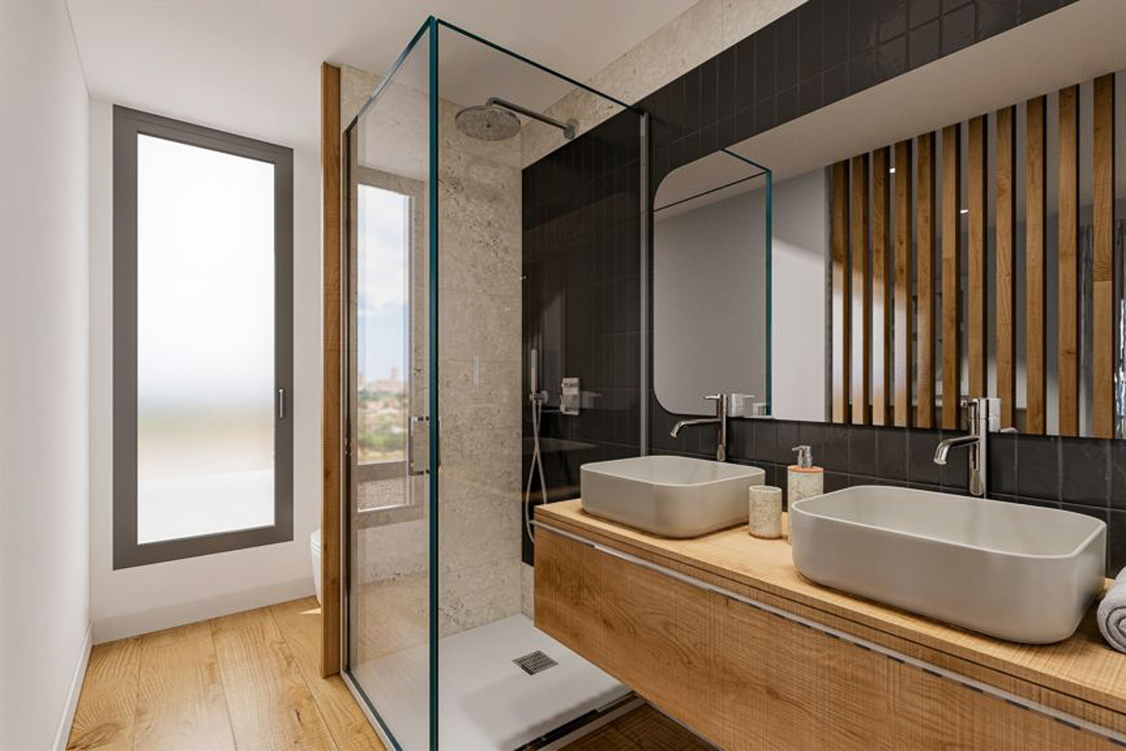 Baño contemporáneo con lavabo doble sobre encimera de madera, ducha con mampara de cristal y paredes que combinan azulejo negro con textura de piedra.
