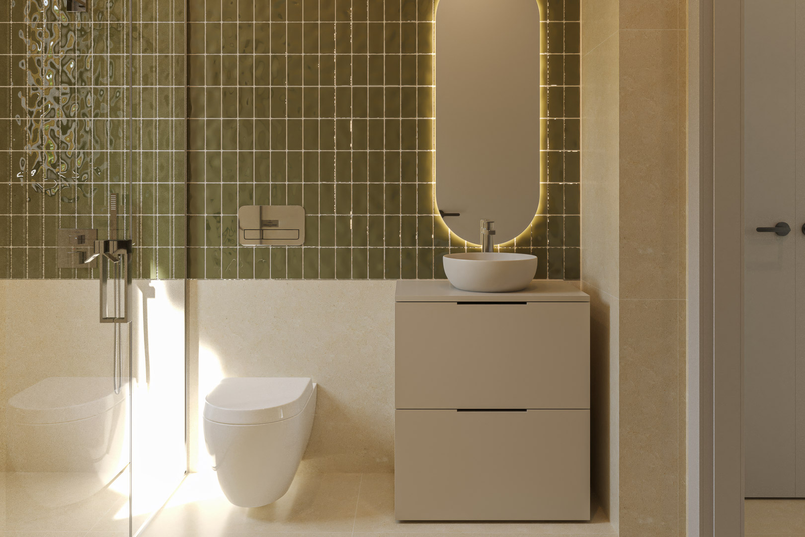 Baño moderno con azulejos verdes brillantes, espejo ovalado retroiluminado y lavabo sobre mueble minimalista. Incluye inodoro suspendido y ducha con mampara de cristal.