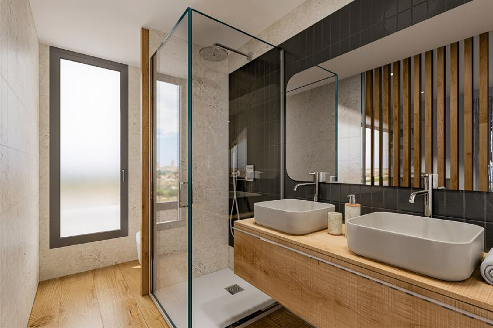 Baño moderno con lavabo doble sobre mueble de madera, ducha acristalada con revestimiento negro y paredes de piedra natural con luz exterior.