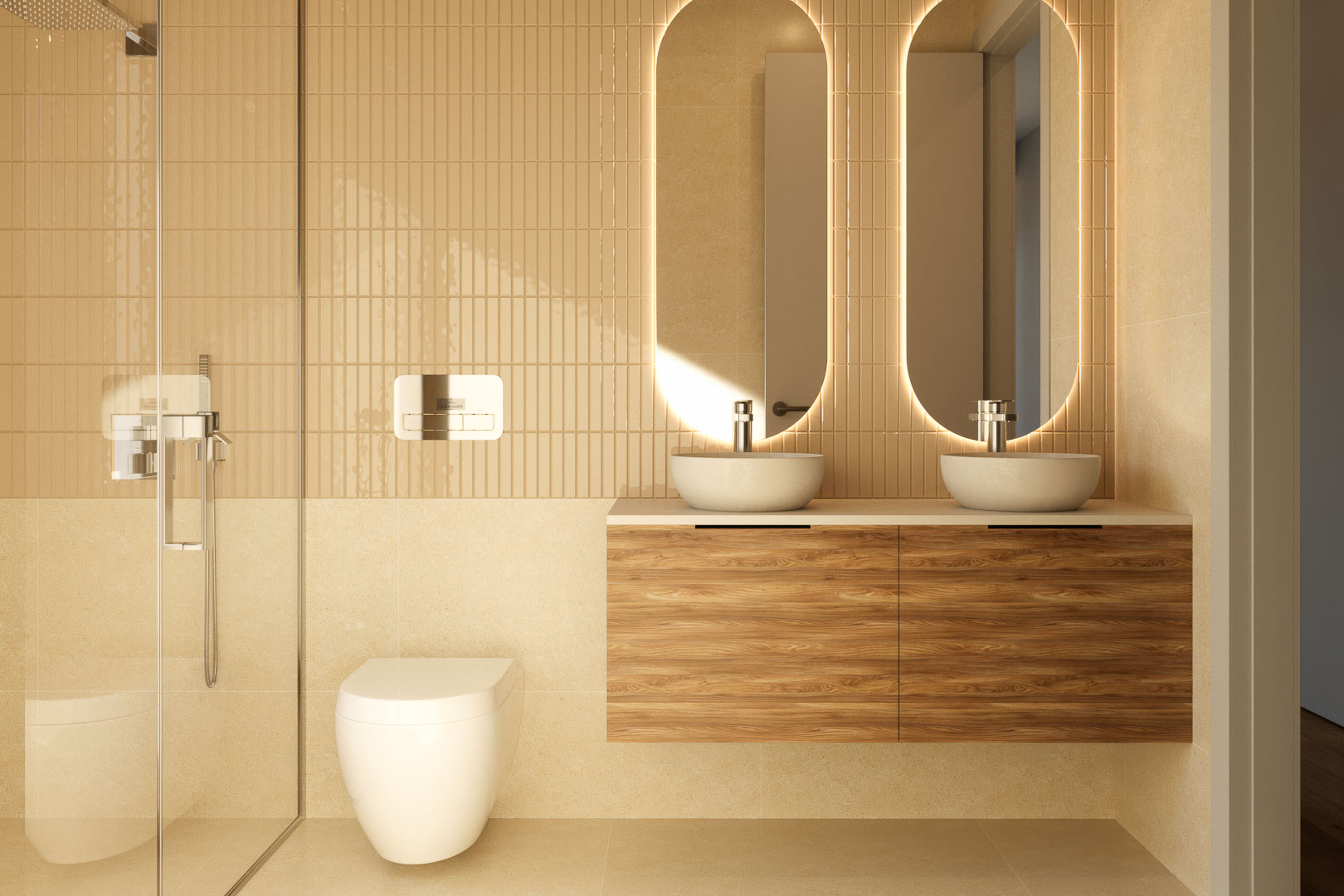 Baño moderno con lavabo doble sobre mueble suspendido de madera, espejos ovalados retroiluminados y ducha con mampara de cristal y azulejos verticales en tonos arena.