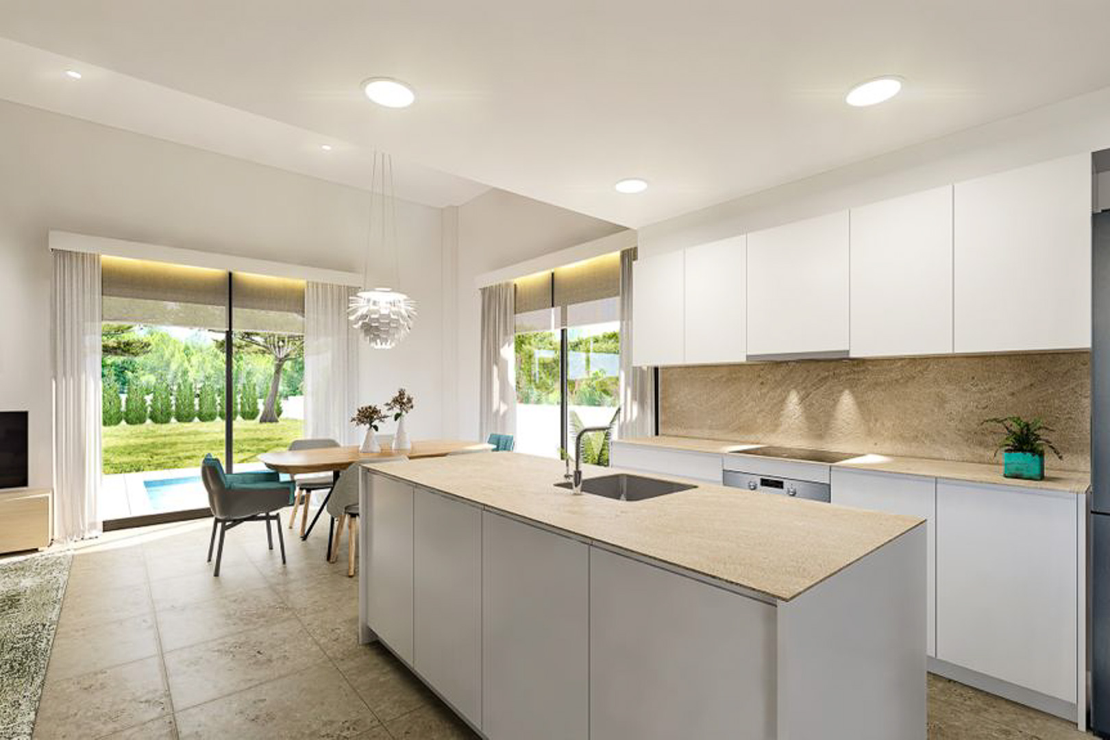 Cocina de diseño con isla central de piedra, armarios blancos minimalistas y zona de comedor integrada con vistas al jardín y la piscina privada.