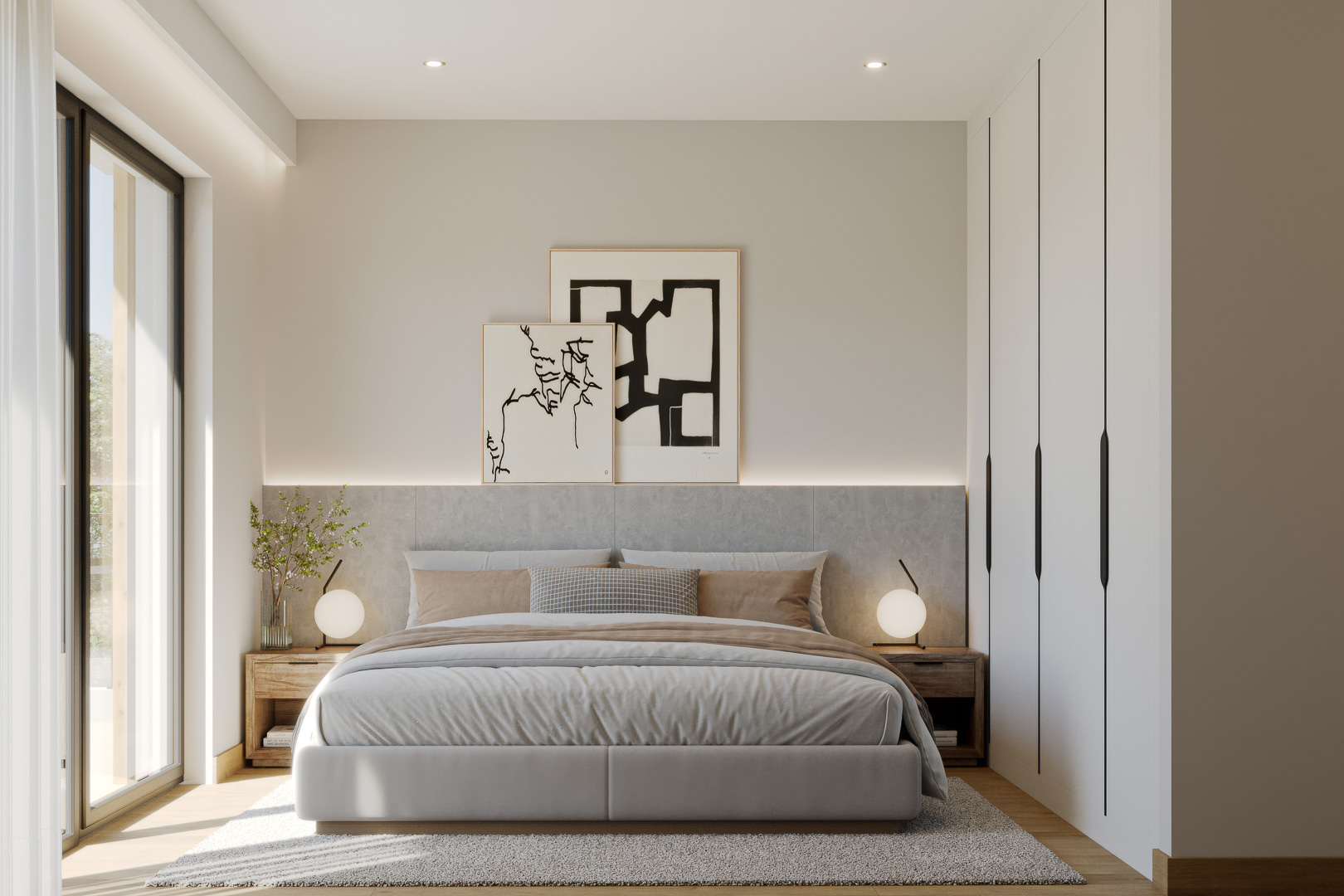 Dormitorio con armarios empotrados de suelo a techo, cabecero tapizado con iluminación LED integrada y acceso directo al exterior mediante un gran ventanal.