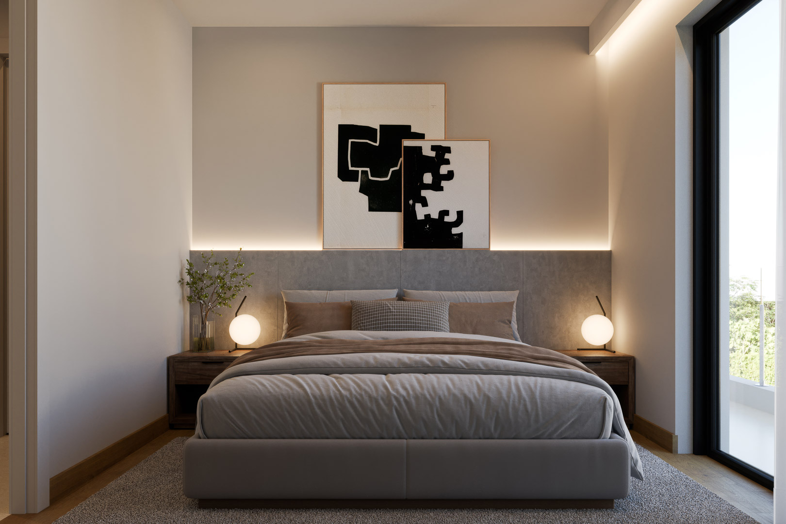 Dormitorio con cabecero tapizado en tonos grises, iluminación LED indirecta, mesitas de noche de madera y acceso directo a la terraza exterior.