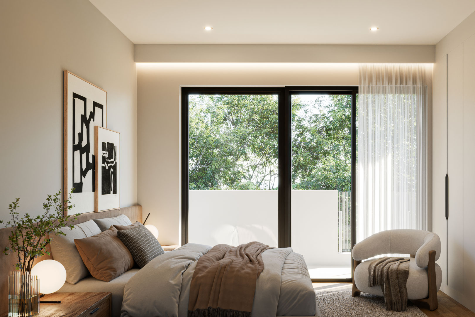 Dormitorio principal con grandes ventanales, iluminación LED indirecta y acceso directo a terraza privada con vistas a la vegetación circundante.