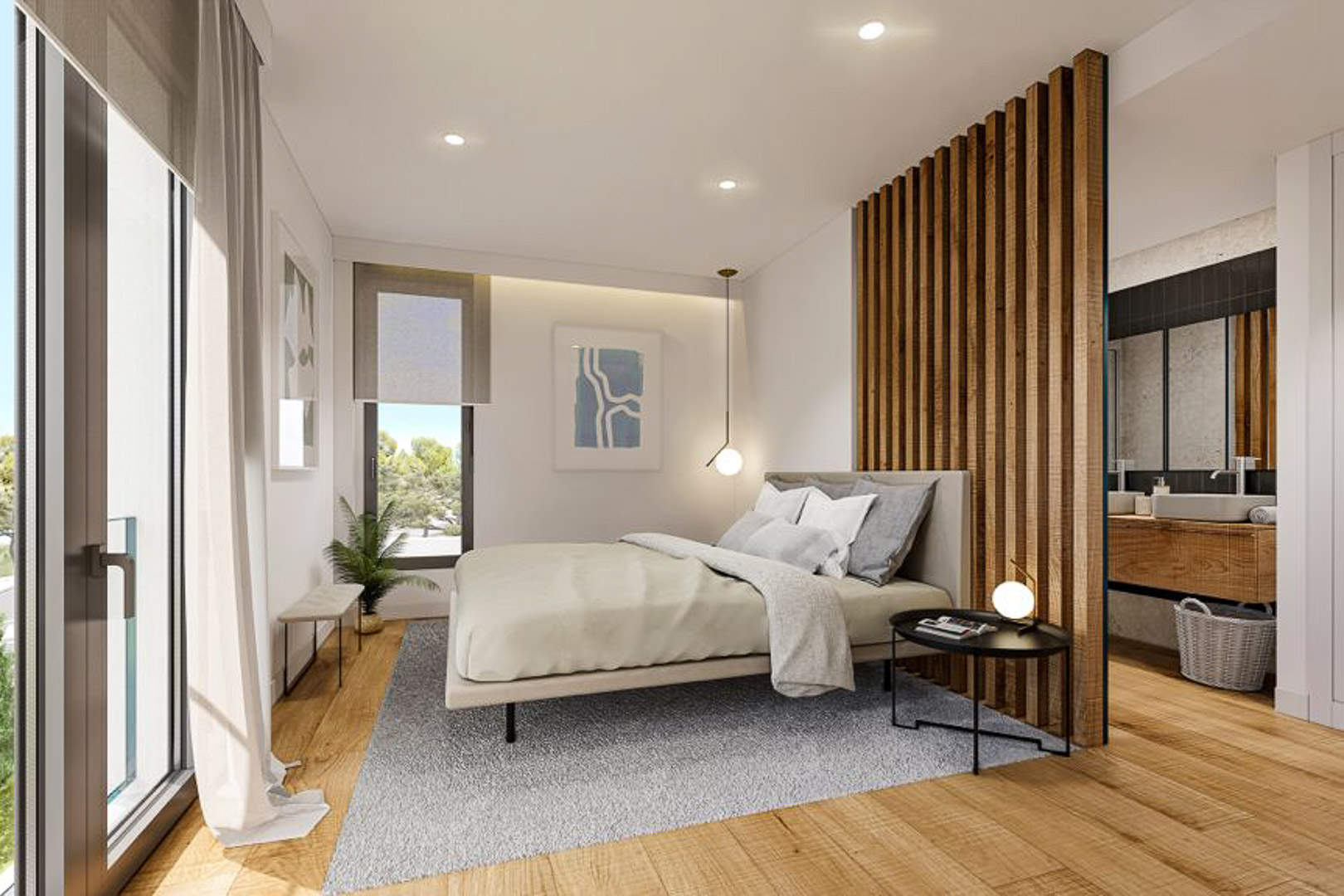 Dormitorio principal con suelos de madera, un divisor de lamas verticales de roble que separa el baño en suite y acceso directo al exterior mediante ventanales.
