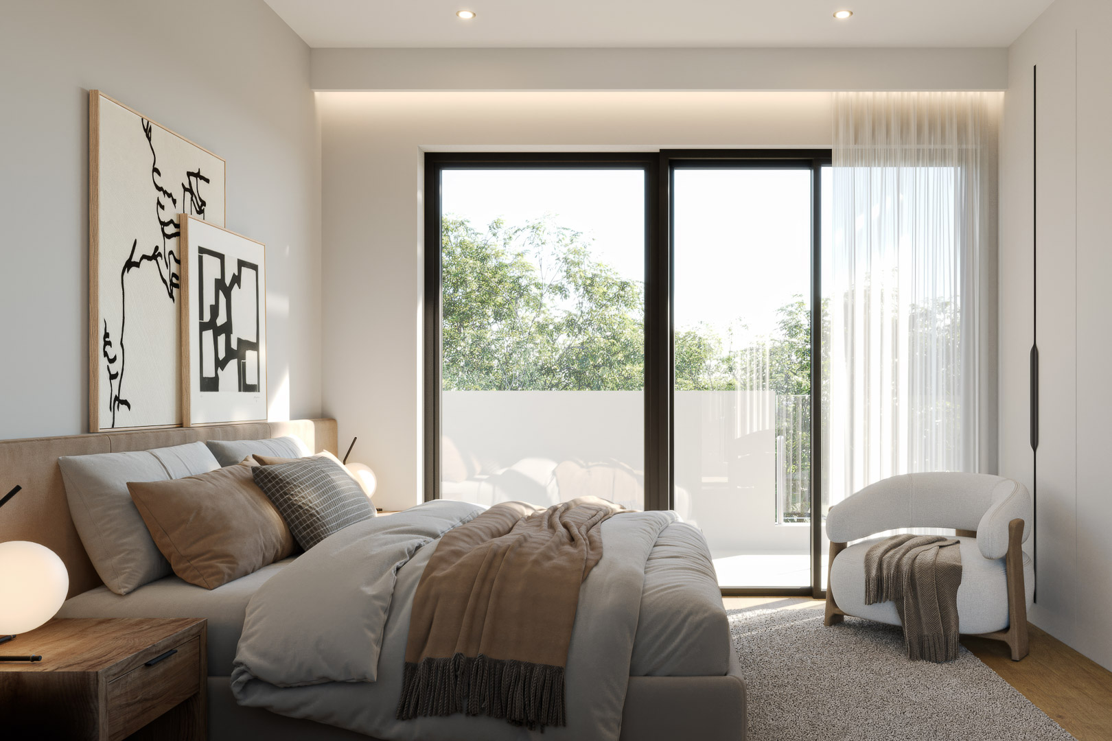 Dormitorio principal con ventanales correderos de suelo a techo, iluminación LED indirecta y acceso directo a una terraza privada con vistas despejadas.