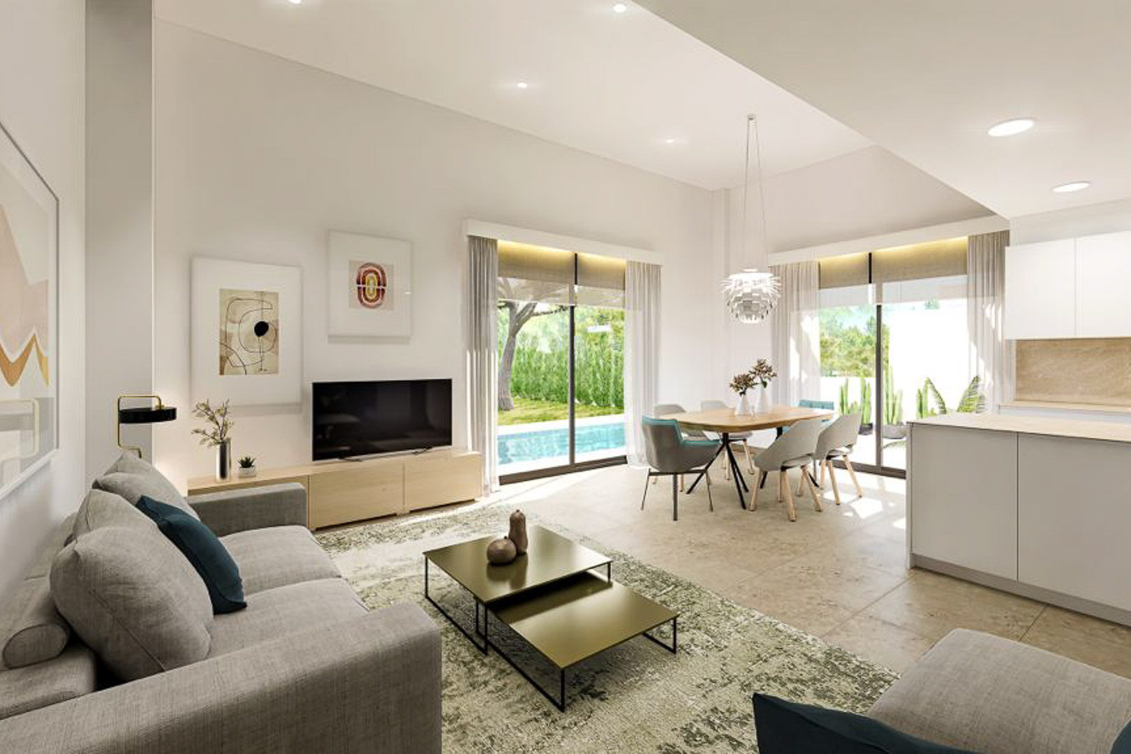 Salón-comedor de planta abierta con grandes ventanales, acceso directo a la piscina, suelos de gres porcelánico y cocina integrada con acabados en blanco.
