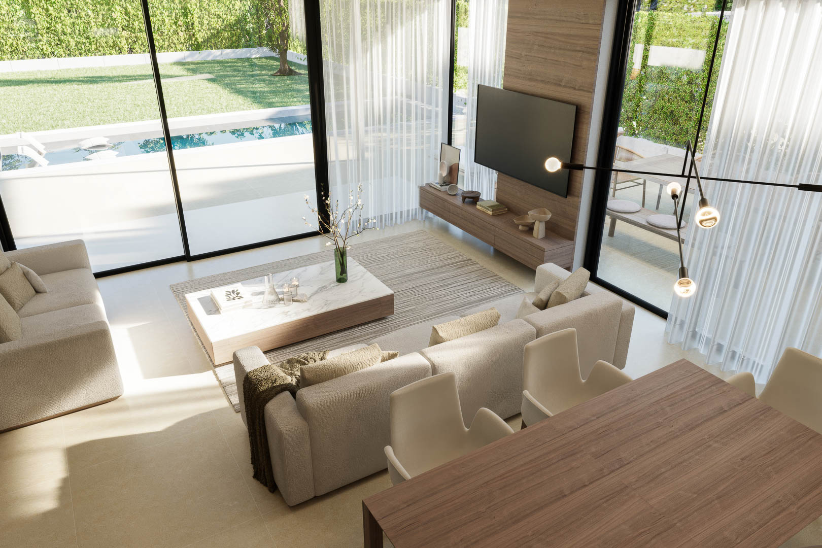 Salón de concepto abierto con grandes ventanales que conectan con el jardín y la piscina. Destaca el mobiliario minimalista, el panelado de madera y los suelos de gres porcelánico.