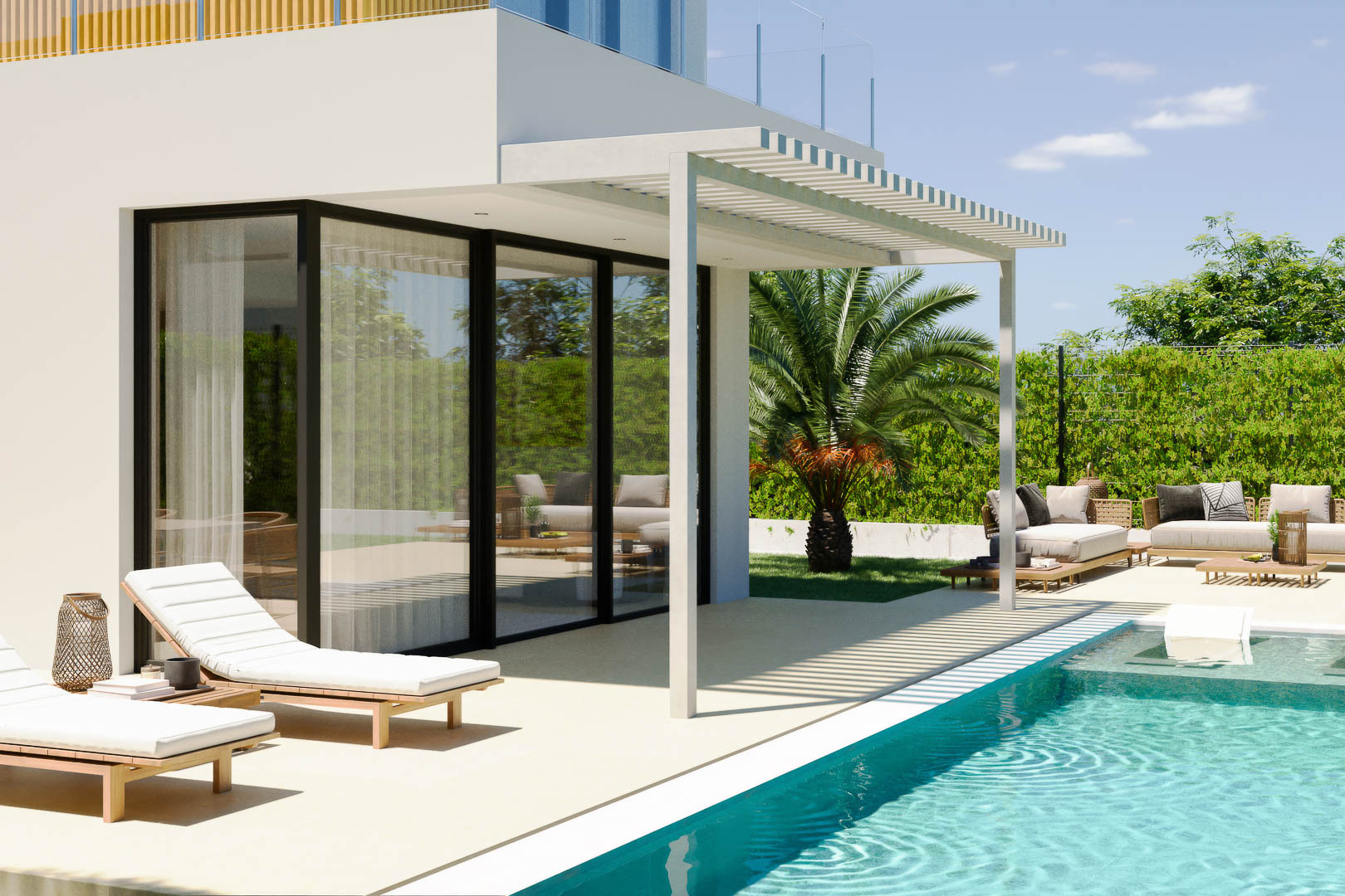 Terraza exterior con piscina privada, pérgola de lamas blancas y zona de estar. Los ventanales de suelo a techo conectan el salón con el jardín mediterráneo y el solárium.