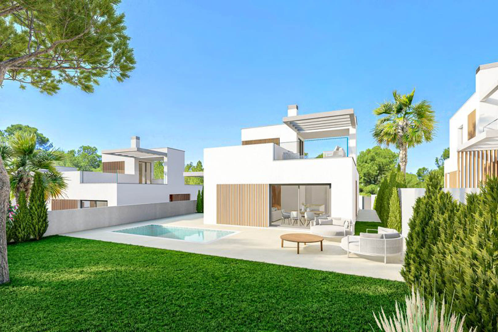 Villa minimalista con piscina privada, jardín perimetral y fachada blanca con listones de madera. Incluye terraza superior con pérgola y amplios ventanales.