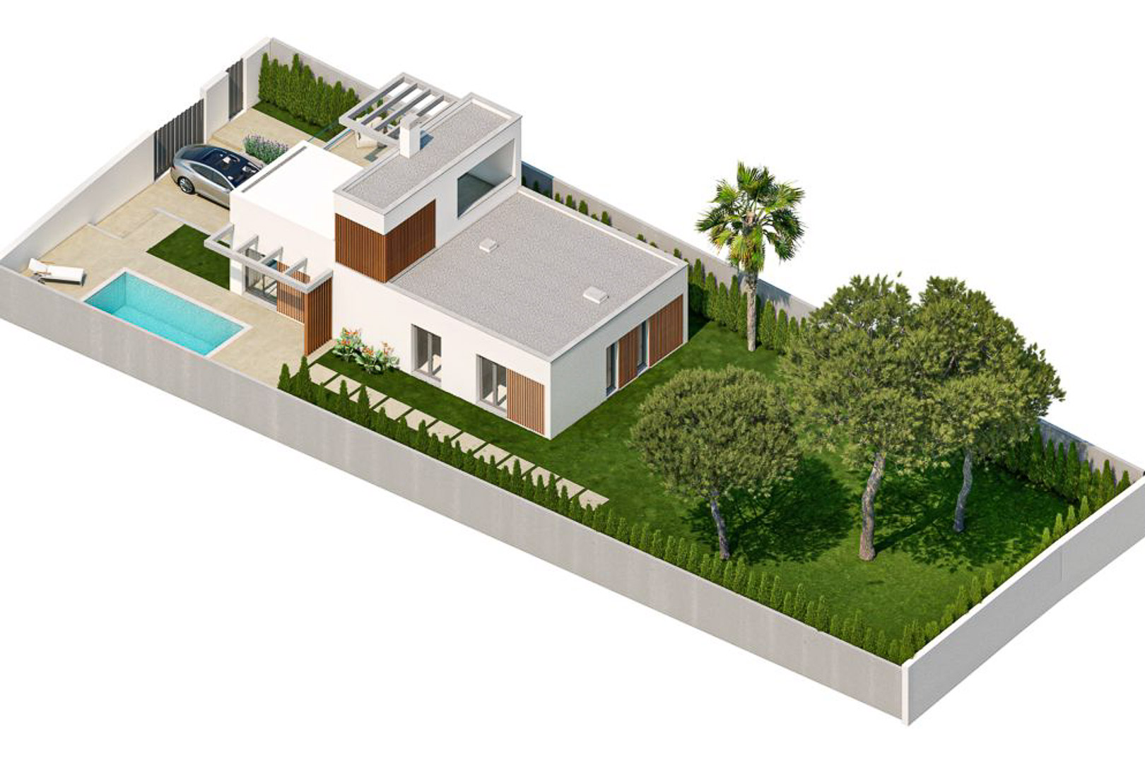 Vista aérea 3D de la villa independiente con piscina privada, jardín mediterráneo, solárium con pérgola y aparcamiento privado en parcela vallada.