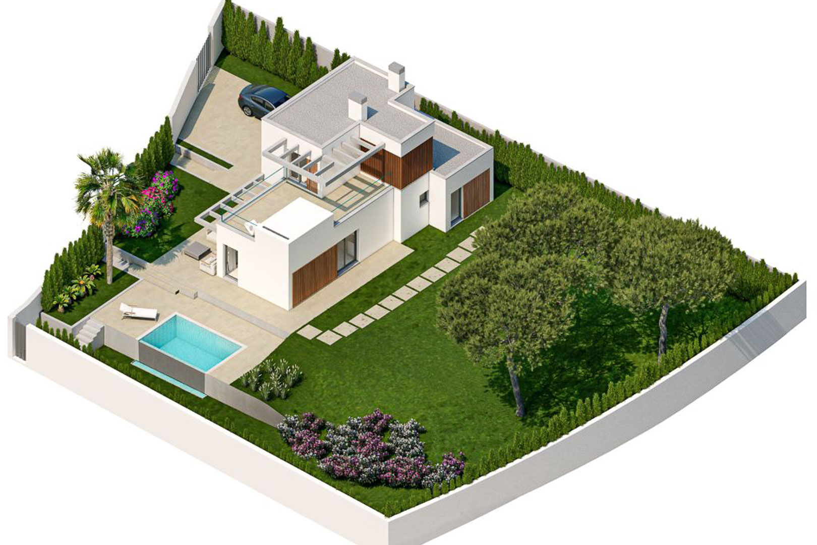 Vista aérea de la villa moderna con fachada blanca y detalles en madera, destacando su piscina privada, jardín paisajístico y terraza superior con pérgola.