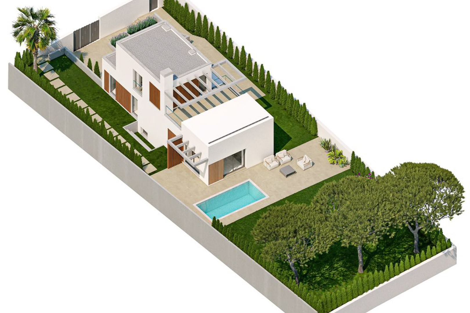 Vista aérea isométrica de la villa moderna con piscina privada, jardín mediterráneo perimetral y amplias terrazas con pérgolas decorativas.