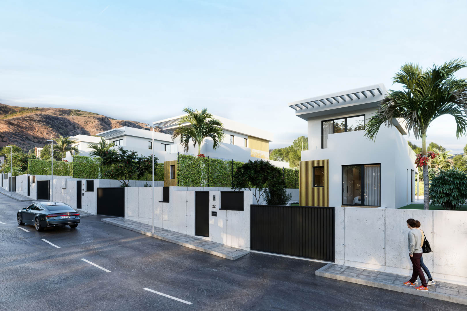 Vista exterior de villas modernas con fachadas blancas, listones de madera y muros de hormigón. Incluye accesos privados con portones negros y pérgolas superiores.