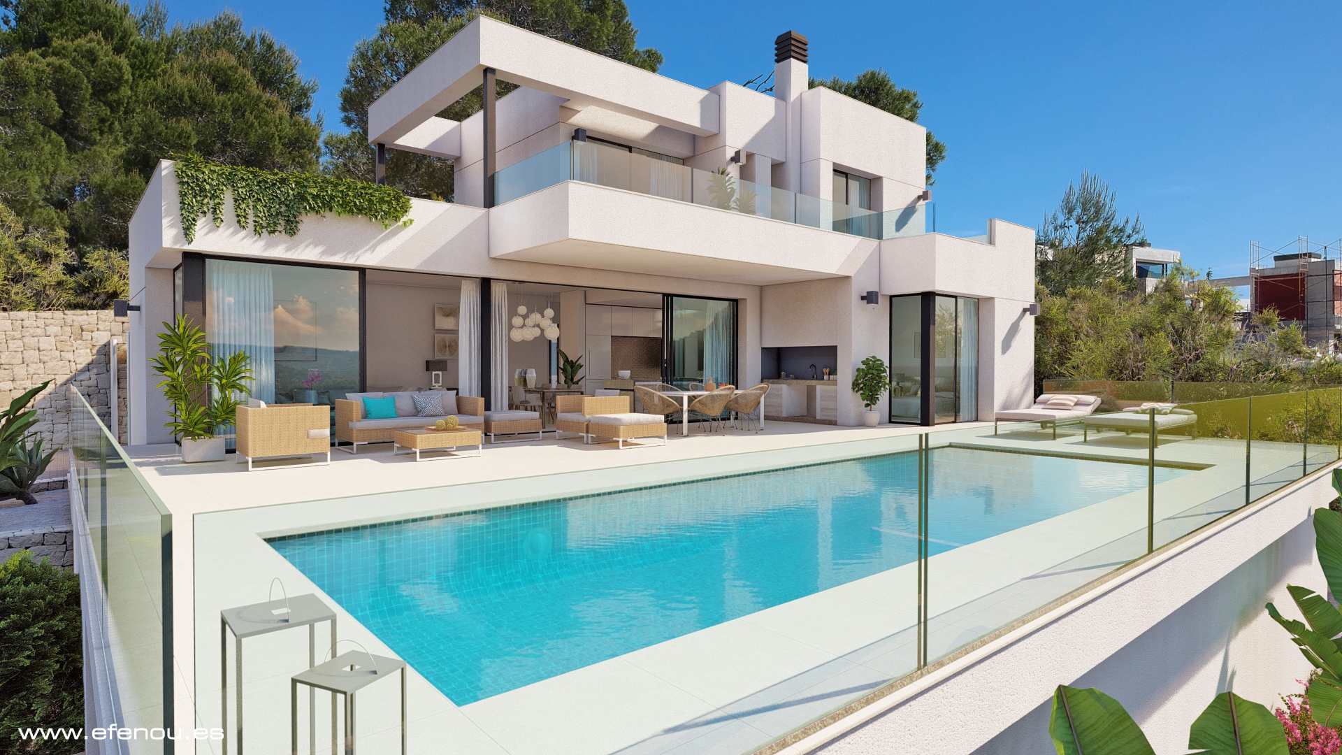 Fachada moderna de líneas blancas con piscina de gresite azul, amplia terraza de gres porcelánico, zona de estar exterior y ventanales correderos de suelo a techo.