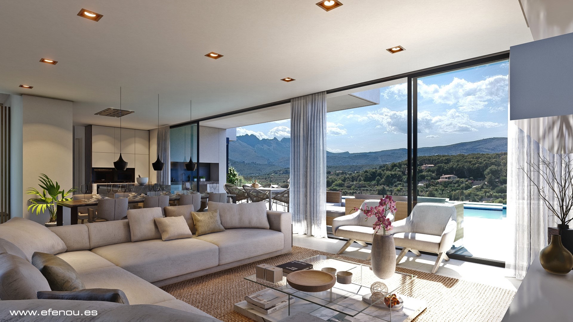 Salón de planta abierta con grandes ventanales que ofrecen vistas panorámicas a la Sierra de Bernia, integrando la zona de estar con la terraza y la piscina exterior.