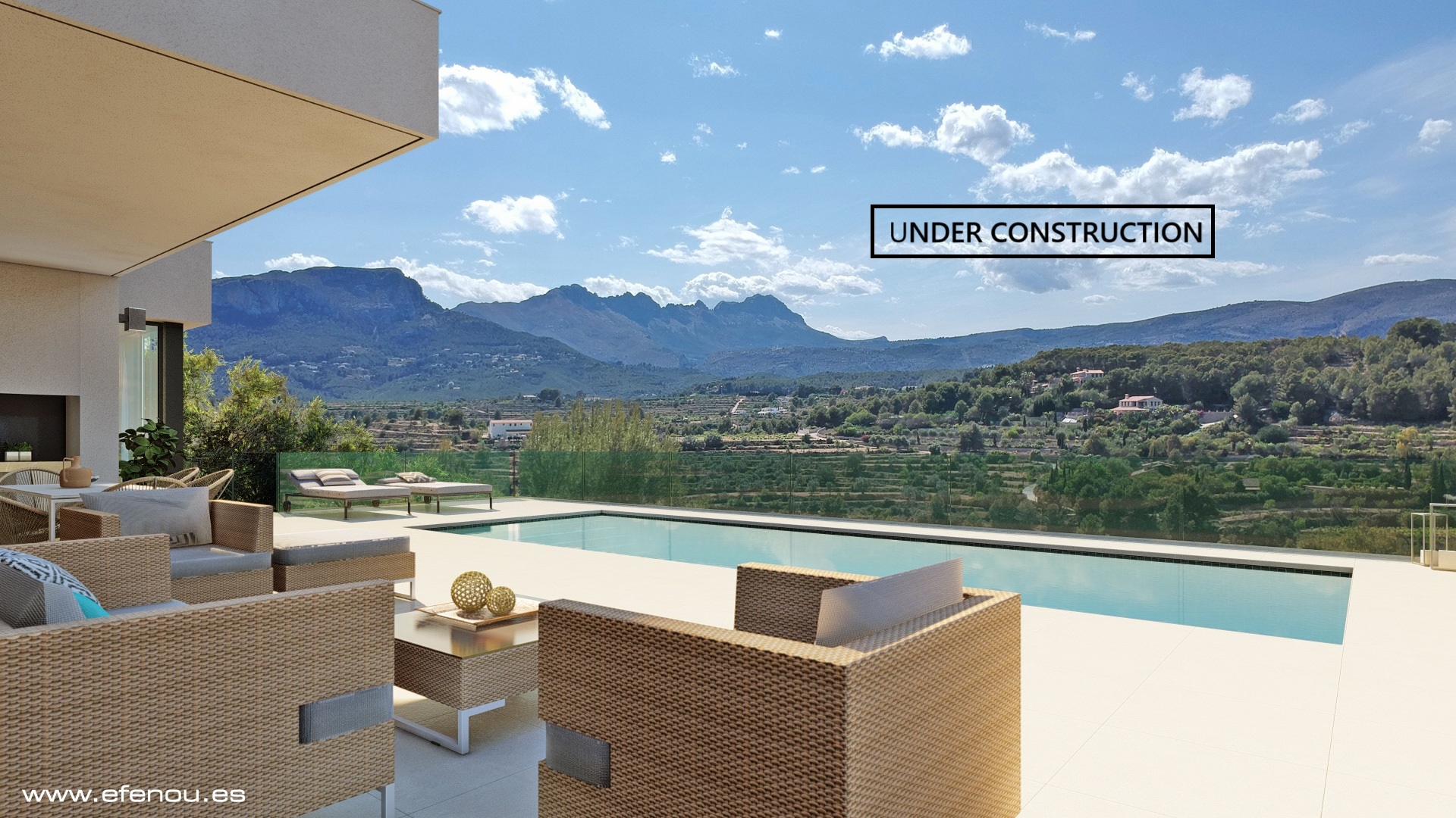 Terraza exterior con piscina alargada, mobiliario de ratán y vistas despejadas a la Sierra de Bernia bajo un voladizo arquitectónico moderno.