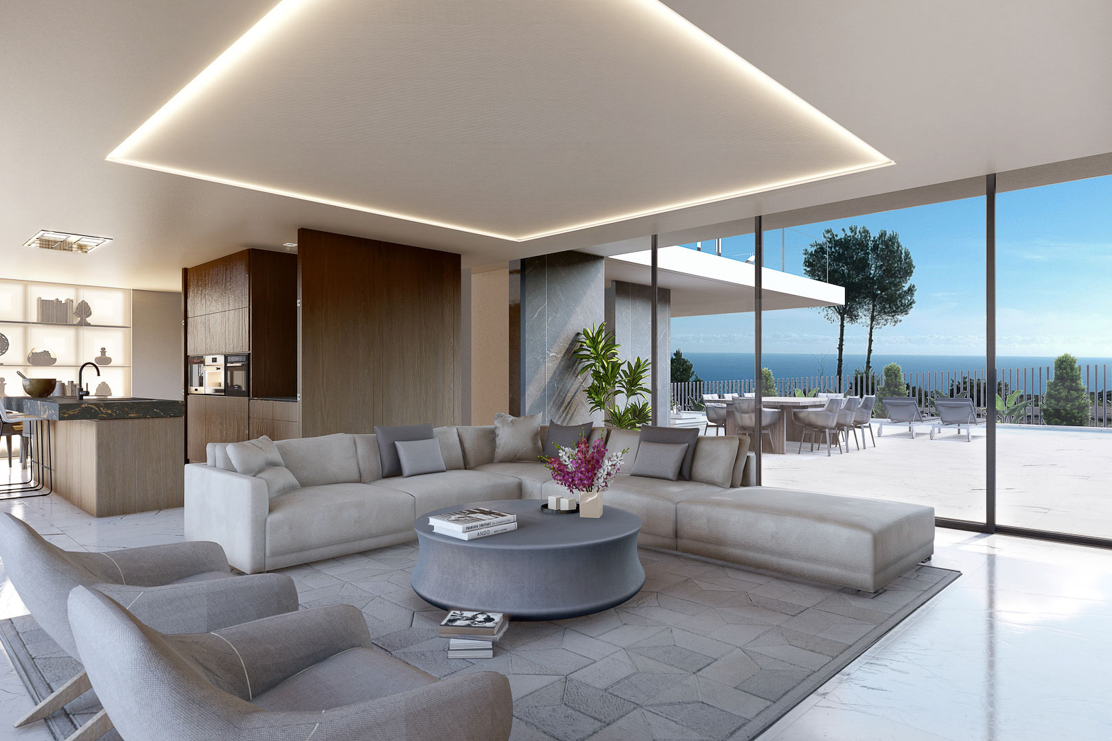 Salón moderno con sofá modular gris y vistas al mar, iluminado con luz indirecta.