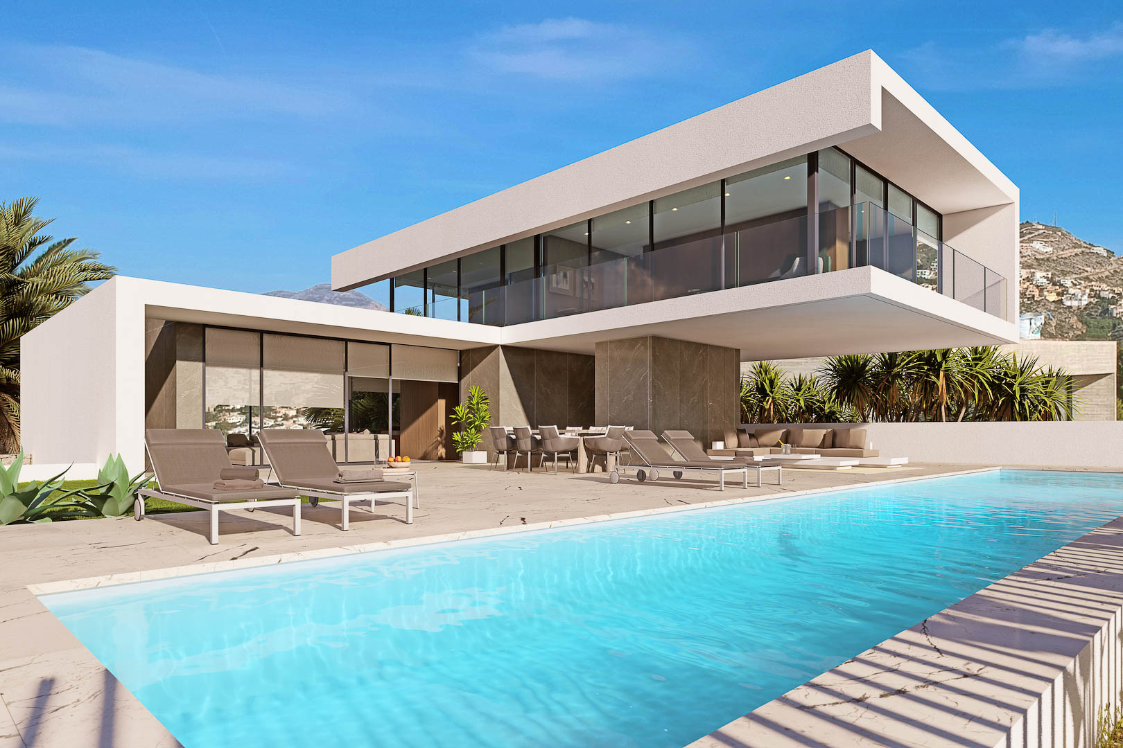 Vista exterior de la villa con piscina turquesa, terraza con tumbonas y comedor al aire libre.