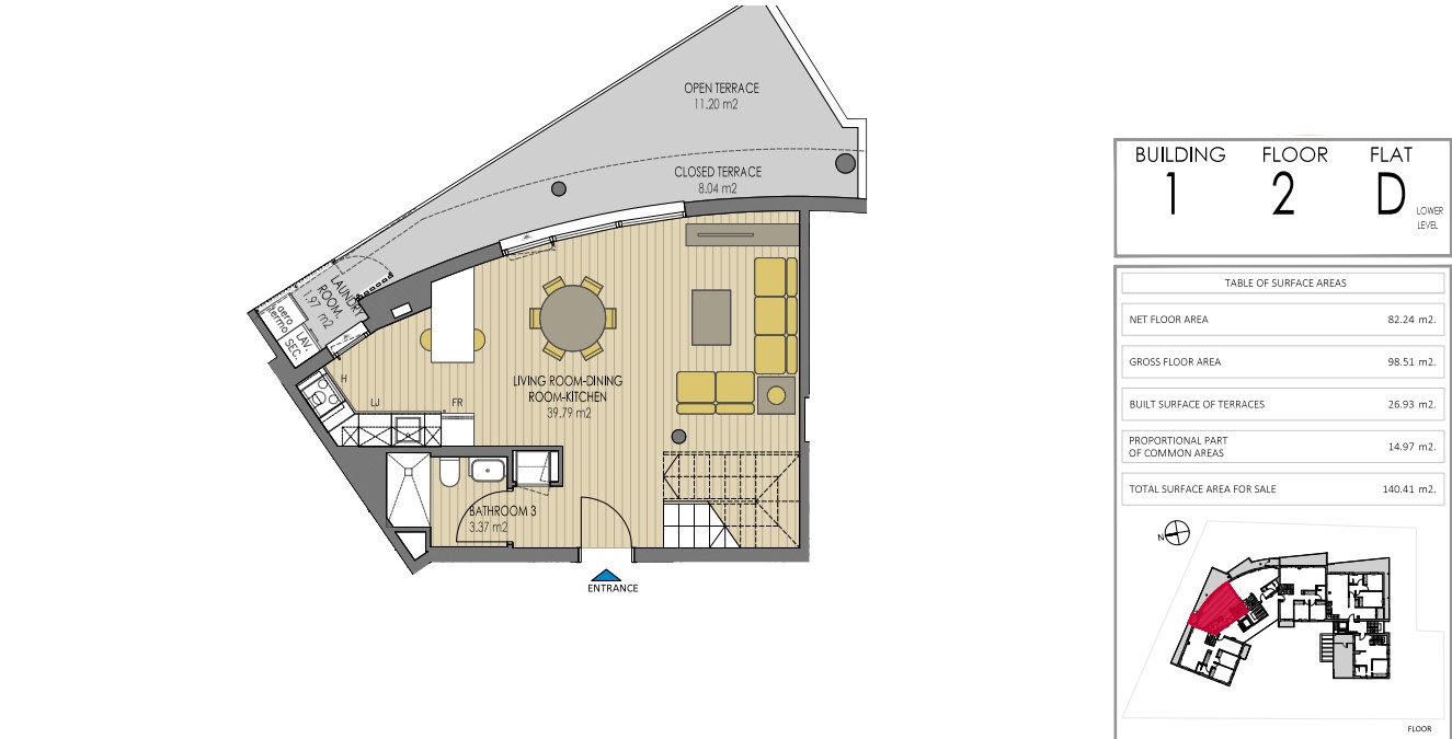 Plano detallado de la planta baja del ático dúplex D en el Edificio 1, con salón-comedor-cocina de 39 m² y una amplia terraza curva con zonas abiertas y cubiertas.