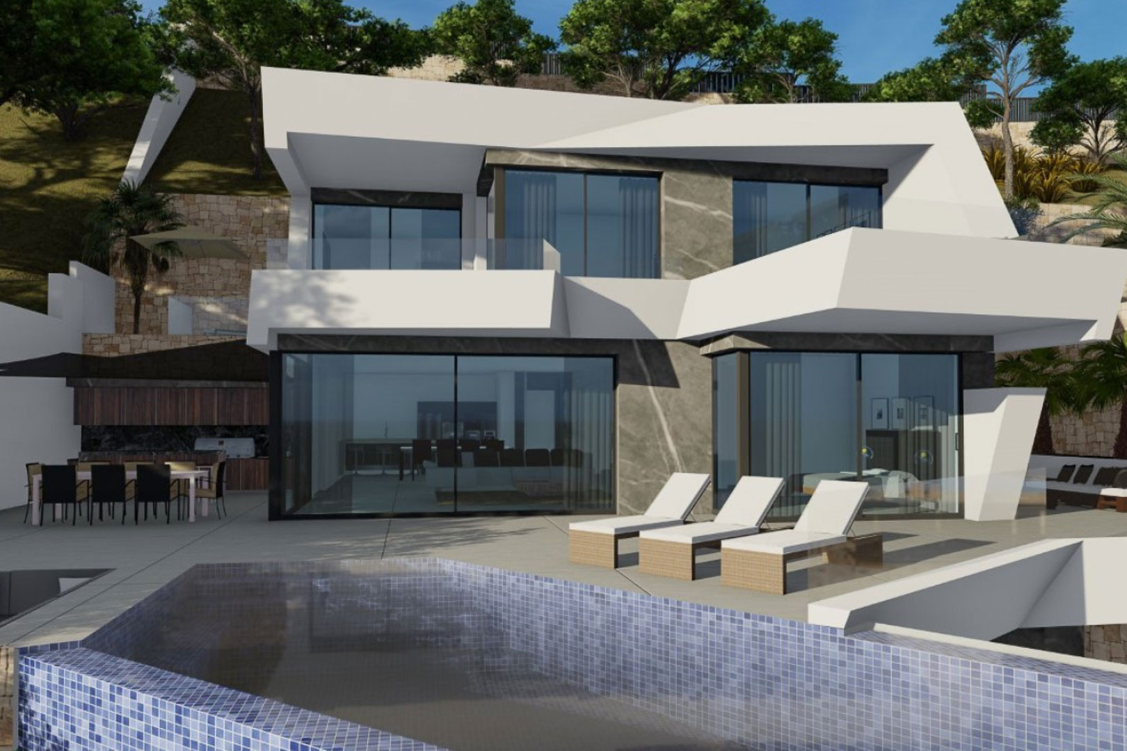 Fachada contemporánea con volúmenes blancos y piedra, terraza con piscina de mosaico azul, zona de comedor exterior y tumbonas frente a grandes ventanales.
