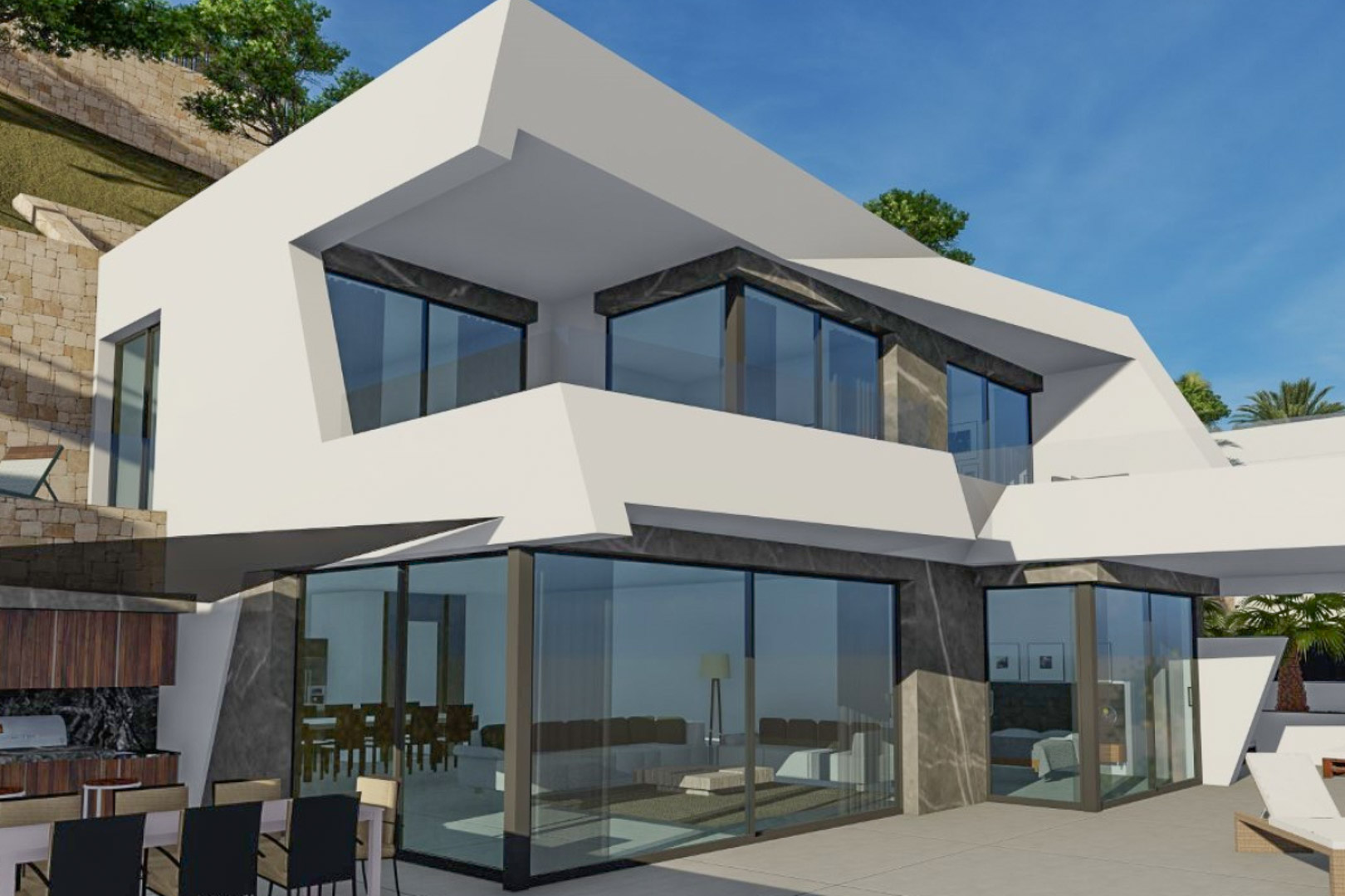 Fachada de diseño geométrico con volúmenes blancos y apliques de piedra oscura. Destacan los grandes ventanales de suelo a techo y la zona de comedor exterior con barbacoa integrada.