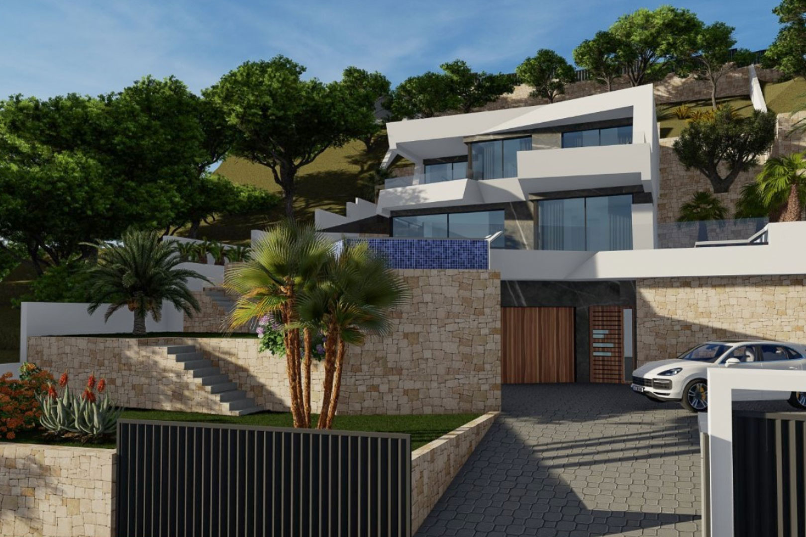 Fachada exterior de diseño geométrico con muros de piedra natural, acceso pavimentado al garaje y niveles aterrazados que integran una piscina infinity y vegetación autóctona.