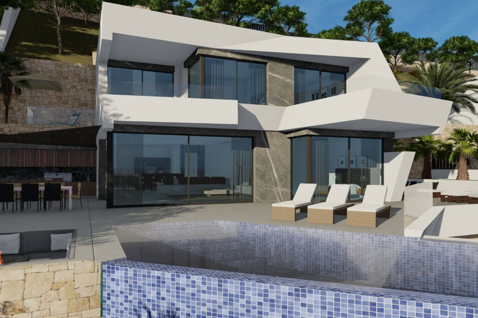 Fachada moderna de dos niveles con grandes ventanales, piscina infinity de gresite azul y terraza con zona de comedor exterior y tumbonas integradas.
