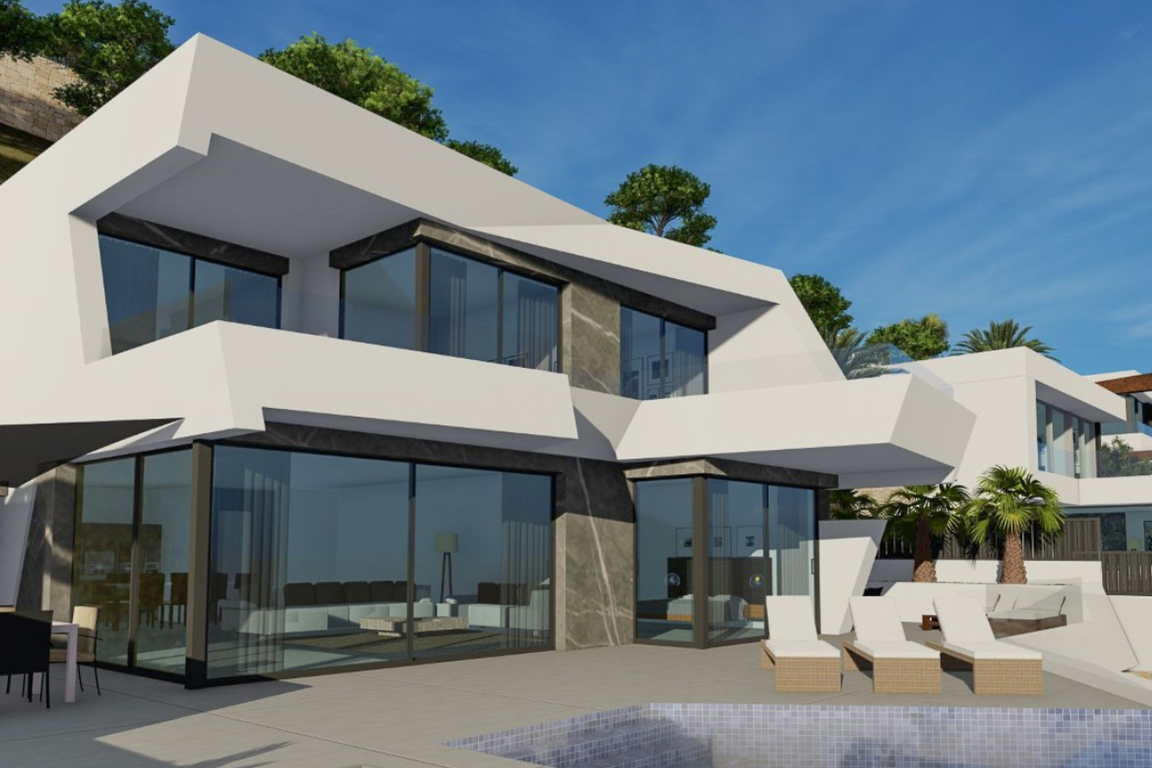 Fachada vanguardista con volúmenes blancos y piedra oscura, amplios ventanales y terraza con piscina junto a la zona de estar exterior.