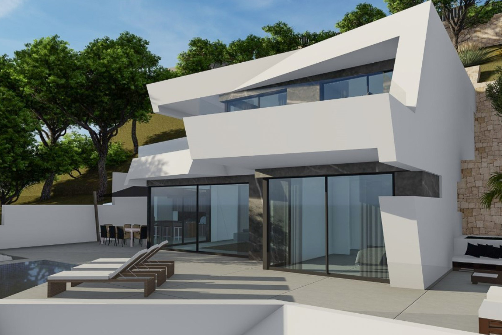 Fachada vanguardista de líneas geométricas blancas con amplios ventanales, terraza de gres porcelánico, tumbonas y zona de comedor exterior integrada en el entorno.