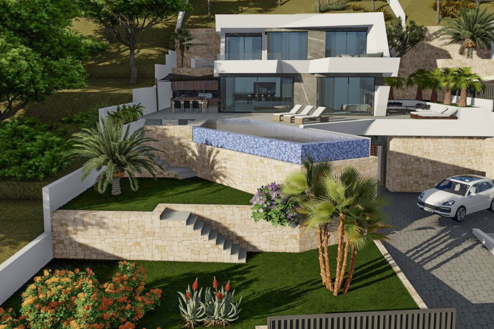 Vista exterior de la villa moderna con fachada geométrica blanca, piscina infinity de mosaico azul y muros de piedra natural integrados en el jardín aterrazado.