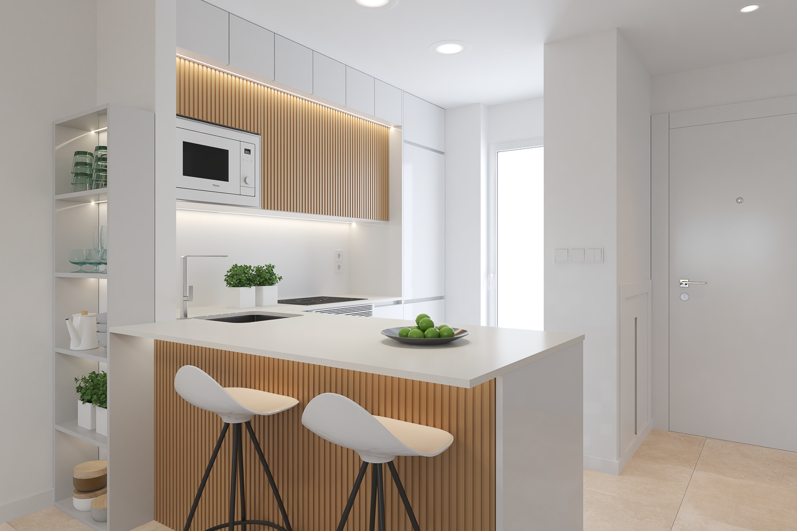 Cocina moderna con isla de paneles de madera, encimera blanca y taburetes de diseño. Incluye electrodomésticos integrados y estantería lateral con iluminación LED.