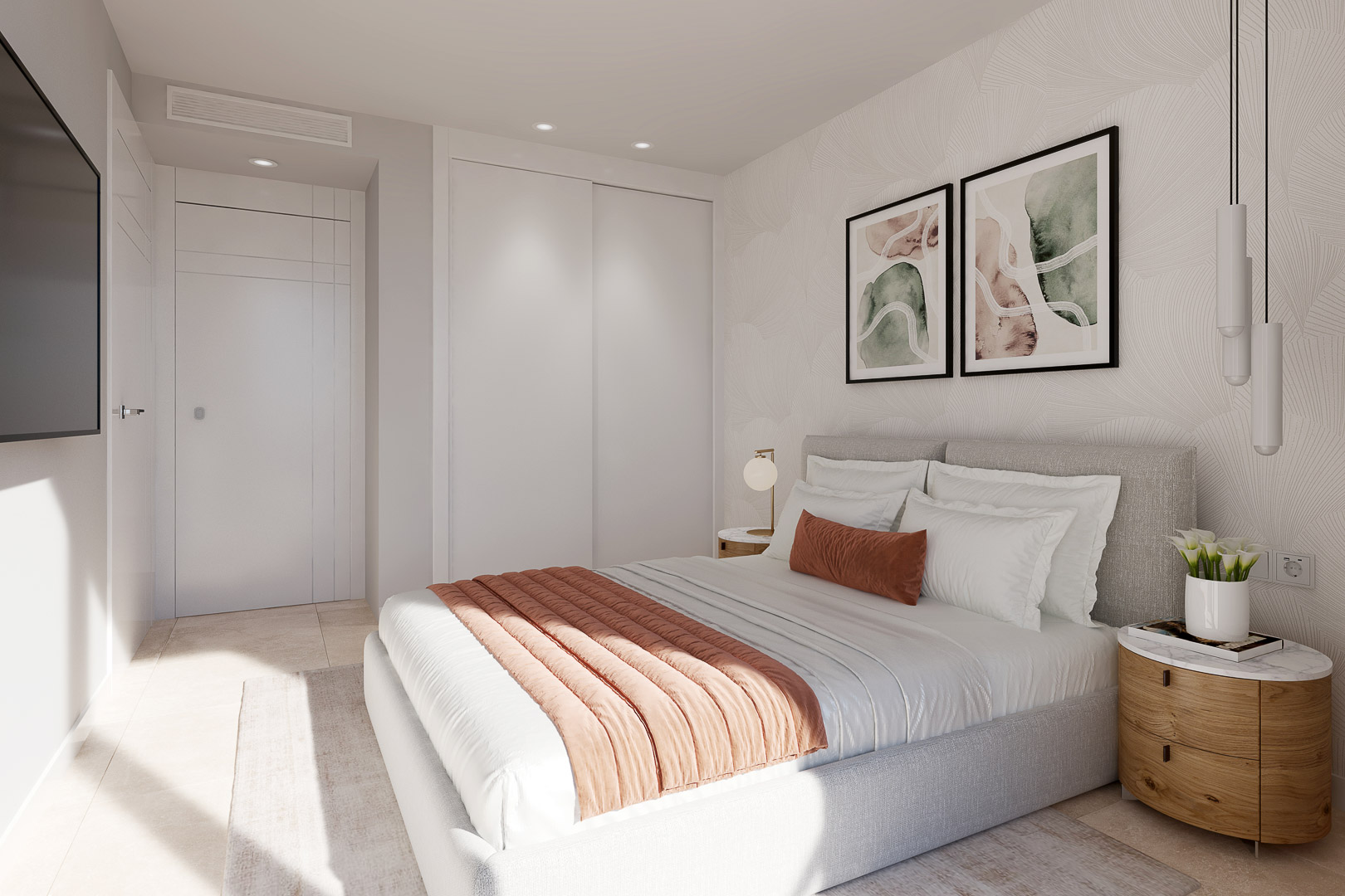 Dormitorio con armarios empotrados blancos, papel pintado con motivos naturales y suelo de gres. Destacan las puertas lacadas de gran altura y la iluminación técnica integrada.