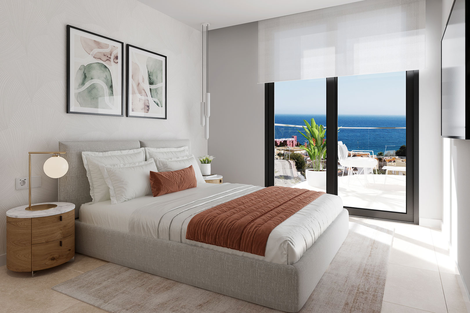 Dormitorio principal con acceso directo a terraza, vistas panorámicas al mar, papel pintado texturizado y suelos de gres porcelánico de alta gama.