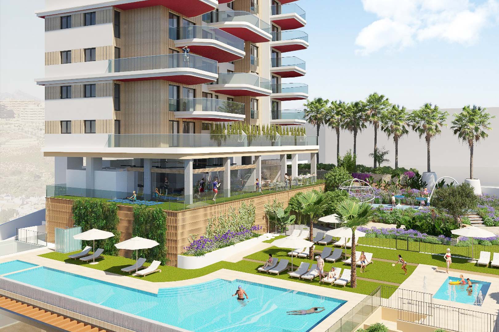 Exterior de las zonas comunes con piscina de nado, solárium, jardines mediterráneos y gimnasio acristalado integrado en la arquitectura moderna del edificio.