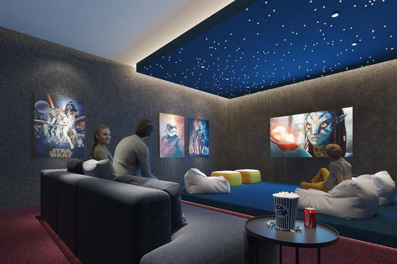 Sala de cine privada con paredes paneladas acústicamente, techo con efecto cielo estrellado y una gran pantalla de proyección para una experiencia inmersiva.