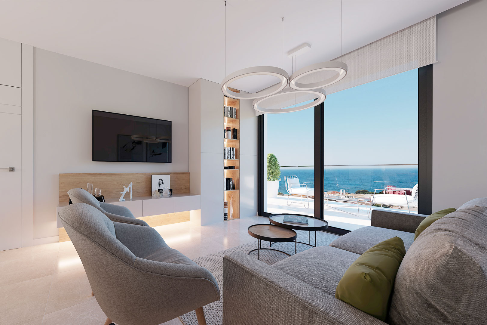 Salón moderno con suelo porcelánico, iluminación LED integrada y amplios ventanales que ofrecen vistas panorámicas al mar Mediterráneo desde una planta elevada.