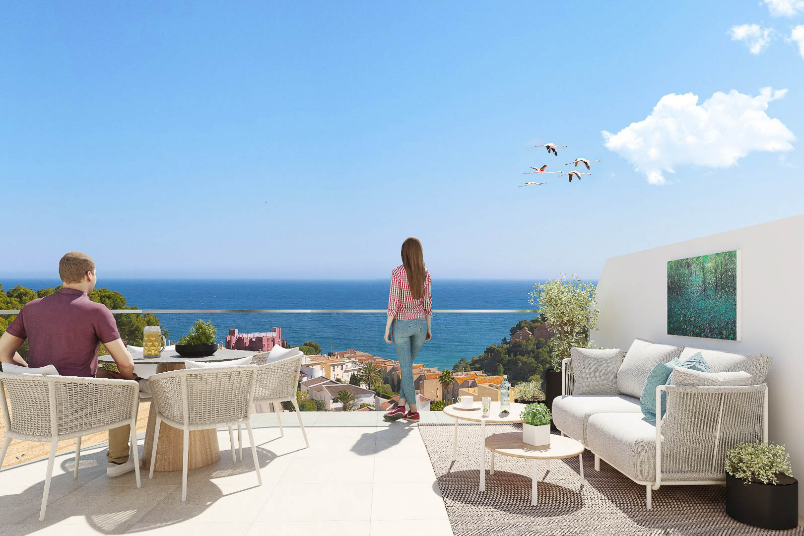 Terraza privada con barandilla de cristal, zona de comedor exterior y salón lounge. Ofrece vistas panorámicas al mar Mediterráneo y al entorno urbano de Calpe.